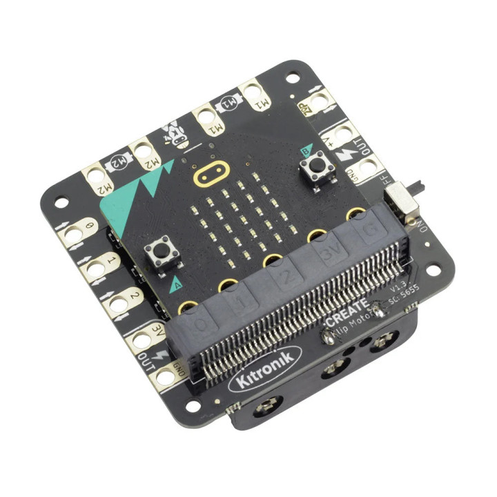 Vue sur une platine micro:bit (non livrée) insérée dans le connecteur de la platine :CREATE Klip Motor Driver