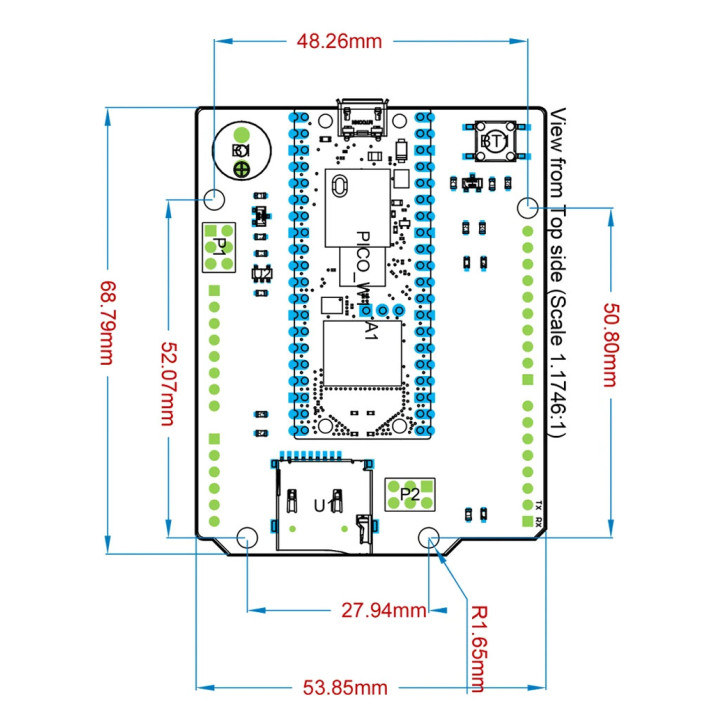 Dimensions de la carte ArdiPi avec Raspberry Pi Pico W