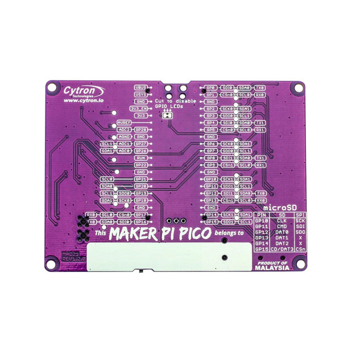 Vue de dessous de la platine Maker Pi Pico Base pour Raspberry Pi Pico