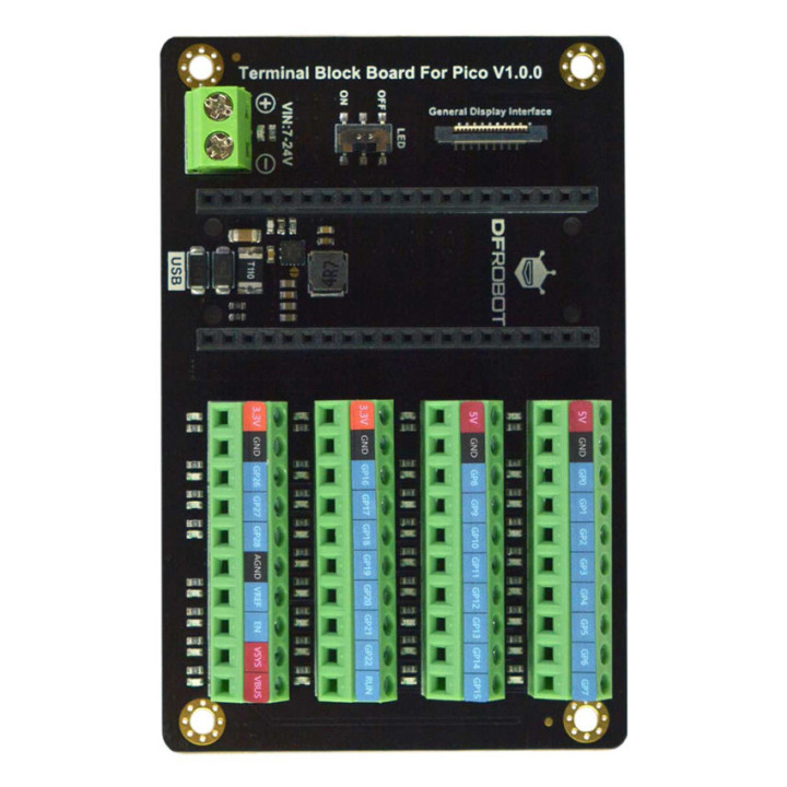 Vue de dessus de la platine Extension borniers à vis pour Raspberry Pi Pico