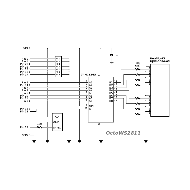 Schéma de la platine OctoWS2811 Adaptor