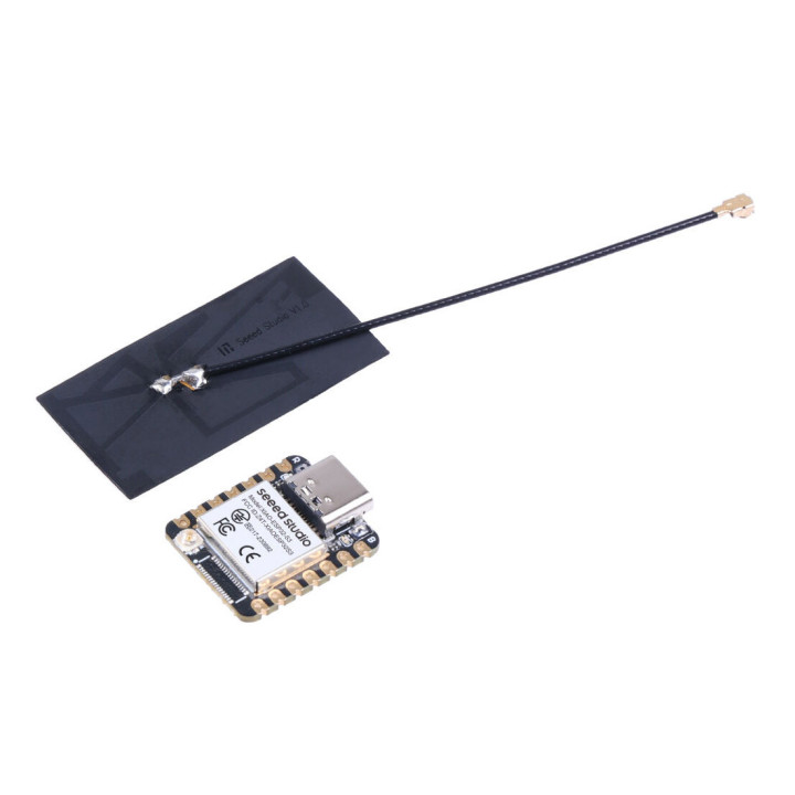 Vue de la carte Seeed Studio 113991114 XIAO ESP32S3 et son antenne