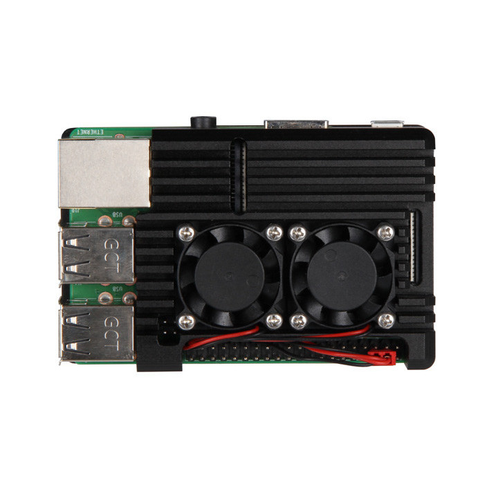 Vue de haut du boîtier aluminium ventilé équipée d'une carte Raspberry Pi 3 B+