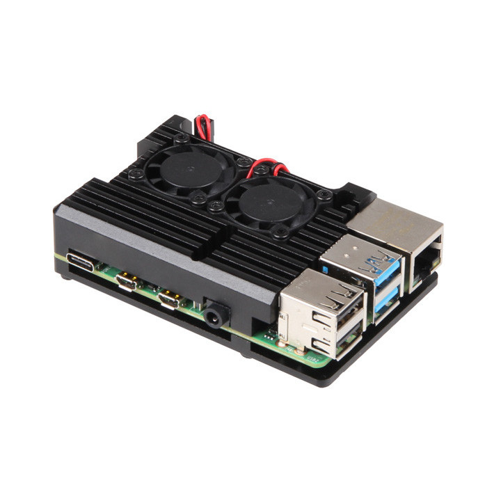 Vue du boîtier dissipateur ventilé équipé d'un Raspberry Pi 4