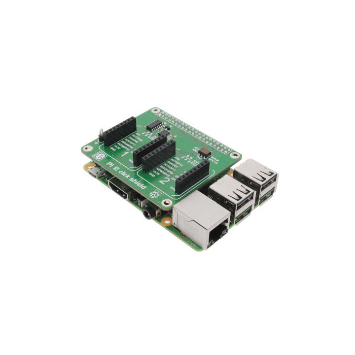 Exemple de montage de la platine Pi3 click shield sur une carte Raspberry