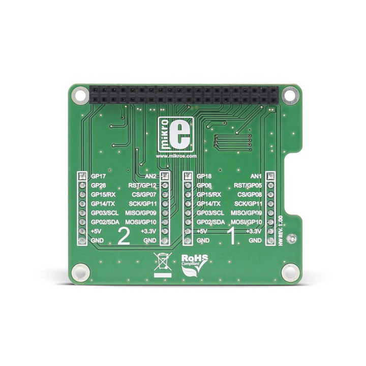 Vue de dos de la platine Pi3 click shield pour Raspberry