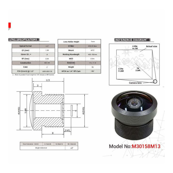 Caractéristiques Objectif 1.58mm FishEye M30158M pour caméra ArduCAM