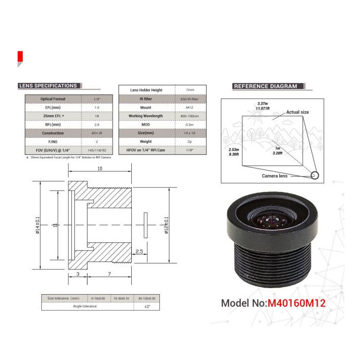 Caractéristiques de l'objectif 1.6mm M40160M12 pour caméra ArduCAM