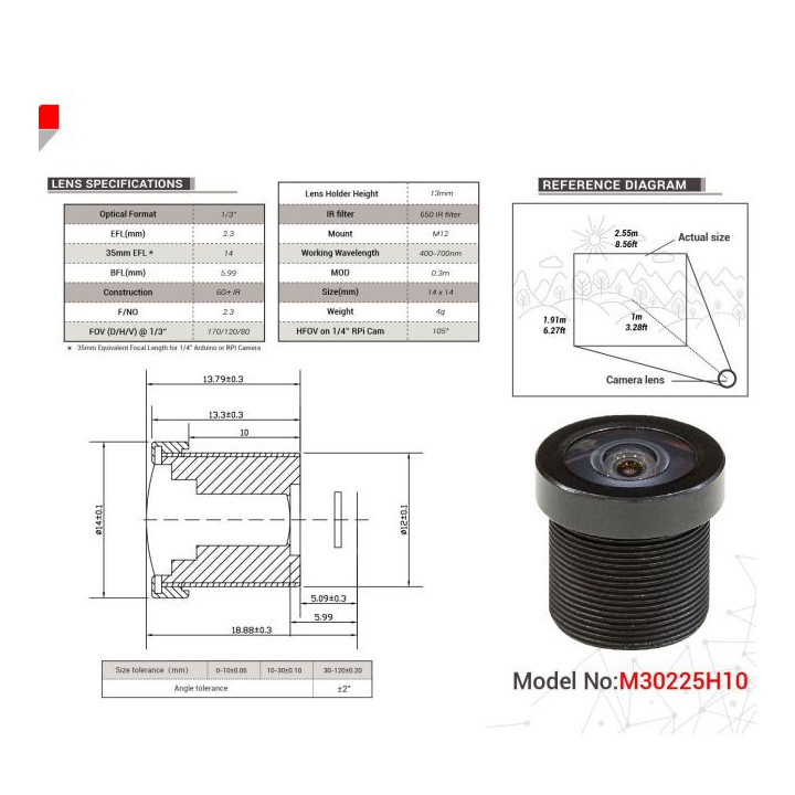 Caractéristiques de l'objectif 2.3mm M30225H10 pour caméra ArduCAM