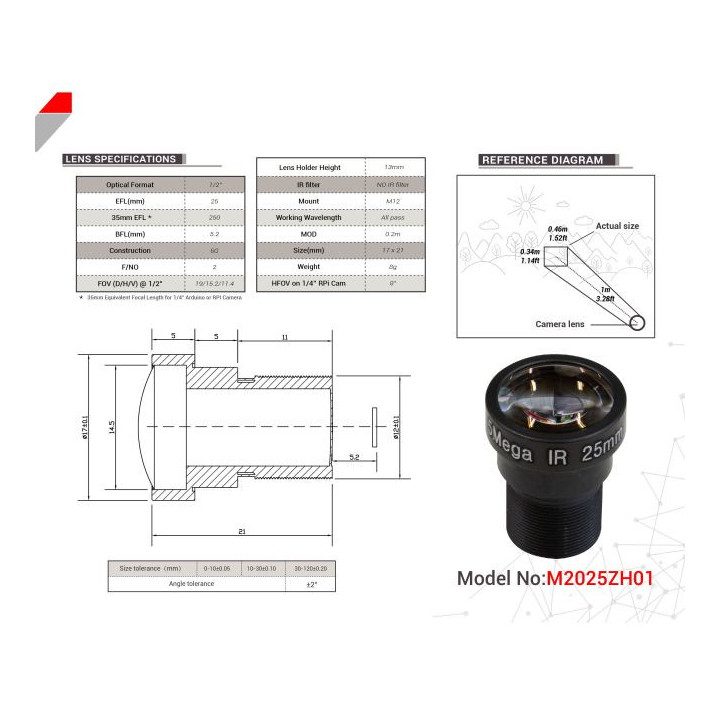 Caractéristiques de l'objectif 25mm M2025ZH01 pour caméra ArduCAM
