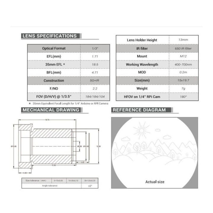 Caractéristiques de l'objectif 1.71mm M30171H16 pour caméra ArduCAM