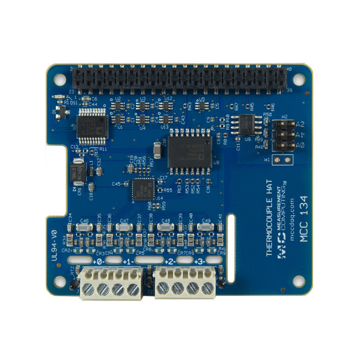 Vue de dessus de la platine DAQ HAT MCC 134 - Thermocouple