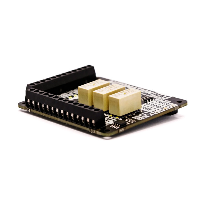 Vue de côté de la platine Automation HAT Pimoroni PIM213 pour Raspberry