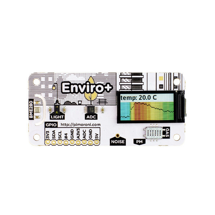 Vue de face de la platine Shield environnemental Enviro+ PIM458 pour Raspberry