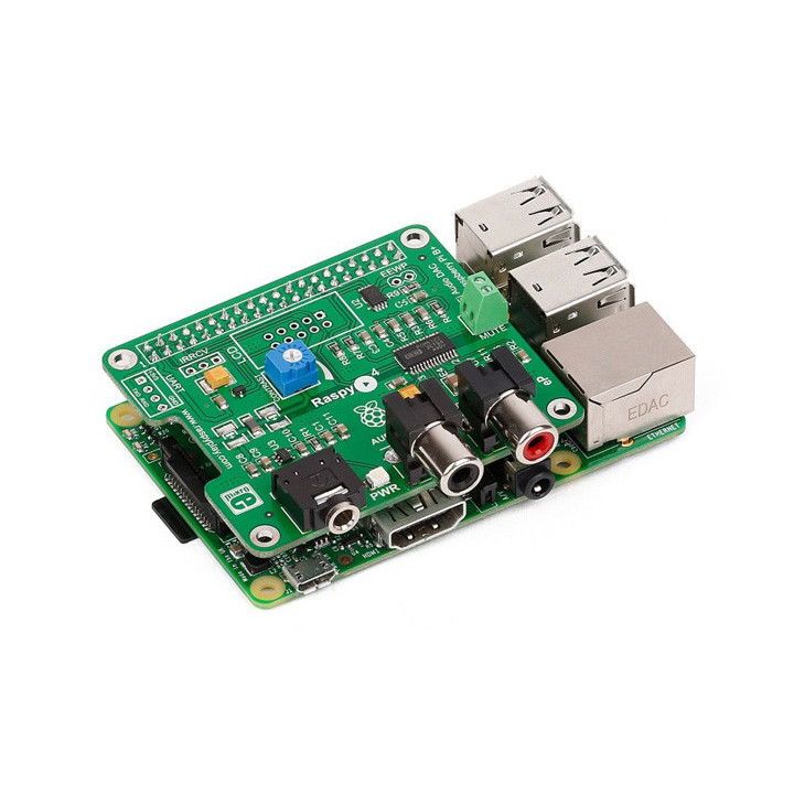 La platine Shield Audio RaspyPlay4 montée sur une carte Raspberry