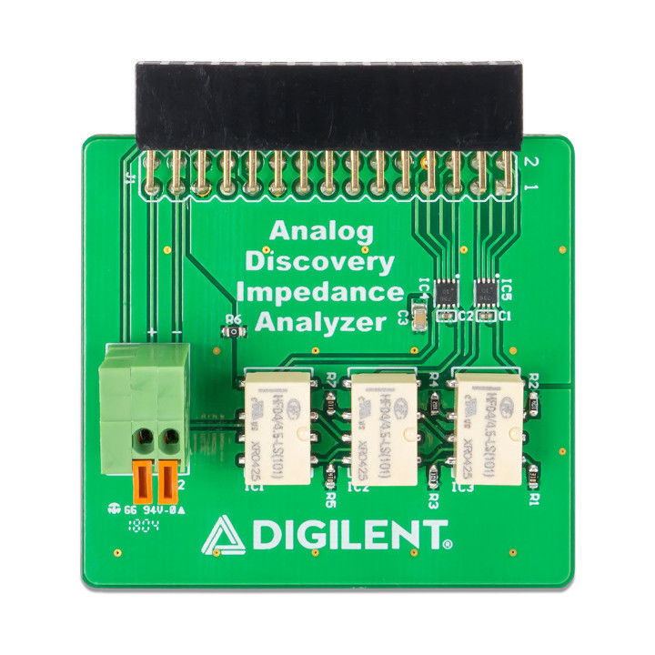 Vue de face de la platine analyseur d'impédance pour Analog Discovery 2 et 3