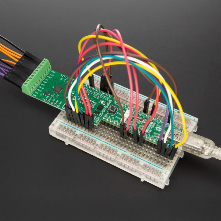 Exemple d'utilisation du module UART I2C/SPI 2 - MIKROE-6827 sur une breadboard