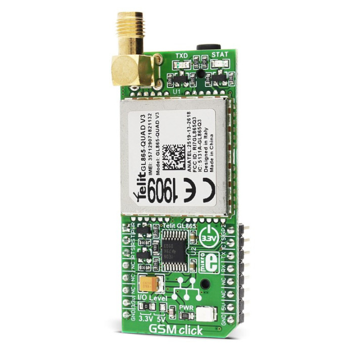 Vue de côté du module d'évaluation GSM Click - GL865-QUAD MIKROE-1298