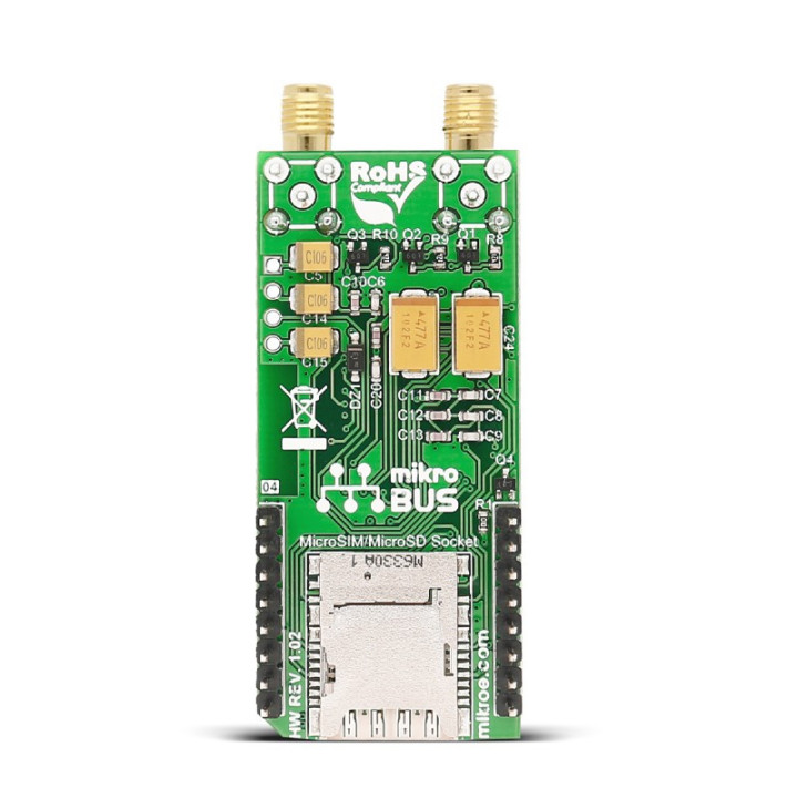 Vue face arrière du module d'évaluation GSM/GNSS 2 Click MIKROE-2