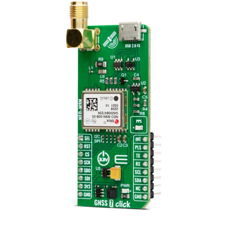 Vue de côté du module GNSS 7 click - u-blox™ NEO-M9N MIKROE-3922