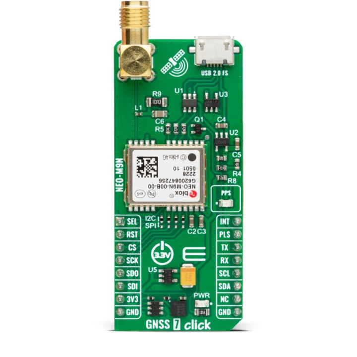 Vue face avant du module GNSS 7 click - u-blox™ NEO-M9N MIKROE-3922