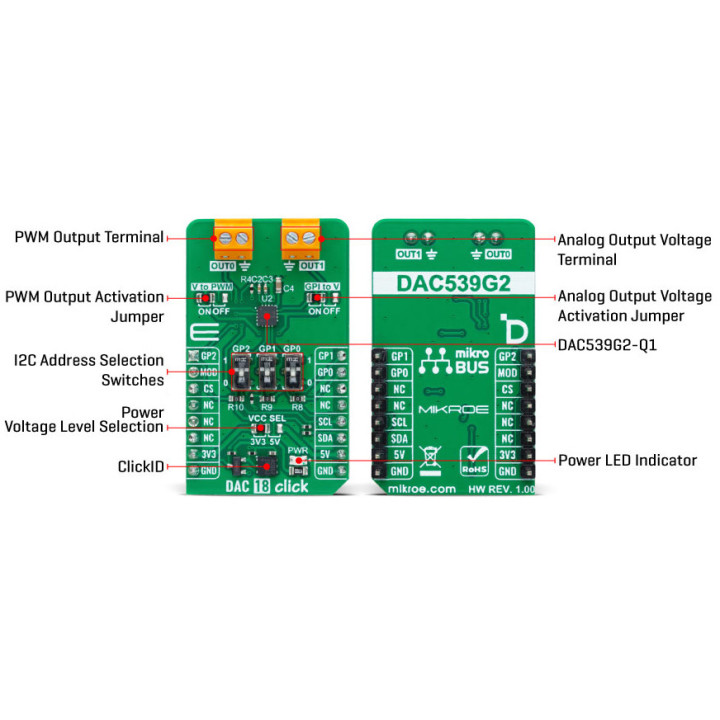 Caractéristiques du convertisseur DAC 18 click - MIKROE-6137 base DAC539G2-Q1