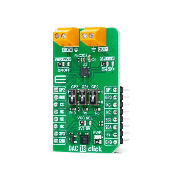 Vue de côté du convertisseur DAC 18 click - MIKROE-6137 base DAC539G2-Q1