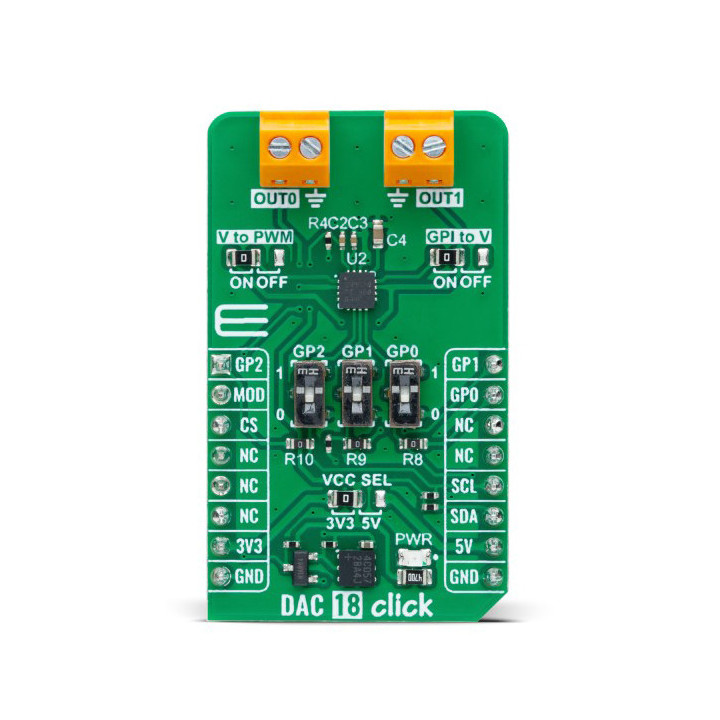 Vue face avant du convertisseur DAC 18 click - MIKROE-6137 base DAC539G2-Q1
