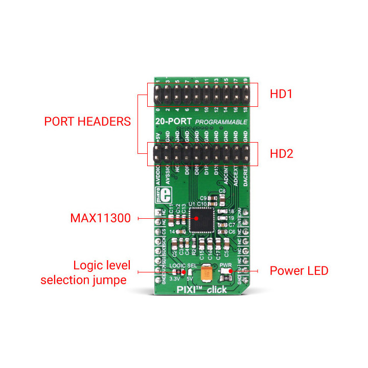Caractéristiques du convertisseur ADC- DAC multi-canaux PIXI™ Click - MIKROE-2817