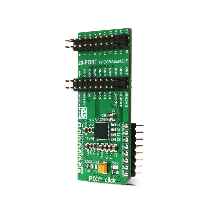 Vue de côté du convertisseur ADC- DAC multi-canaux PIXI™ Click - MIKROE-2817