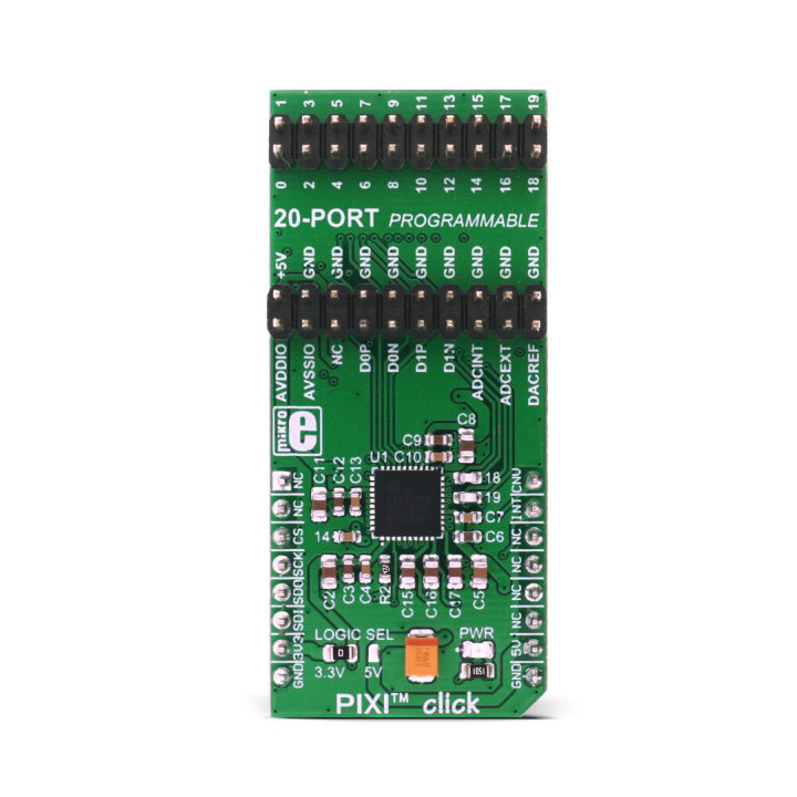 Vue de face du convertisseur ADC- DAC multi-canaux PIXI™ Click - MIKROE-2817