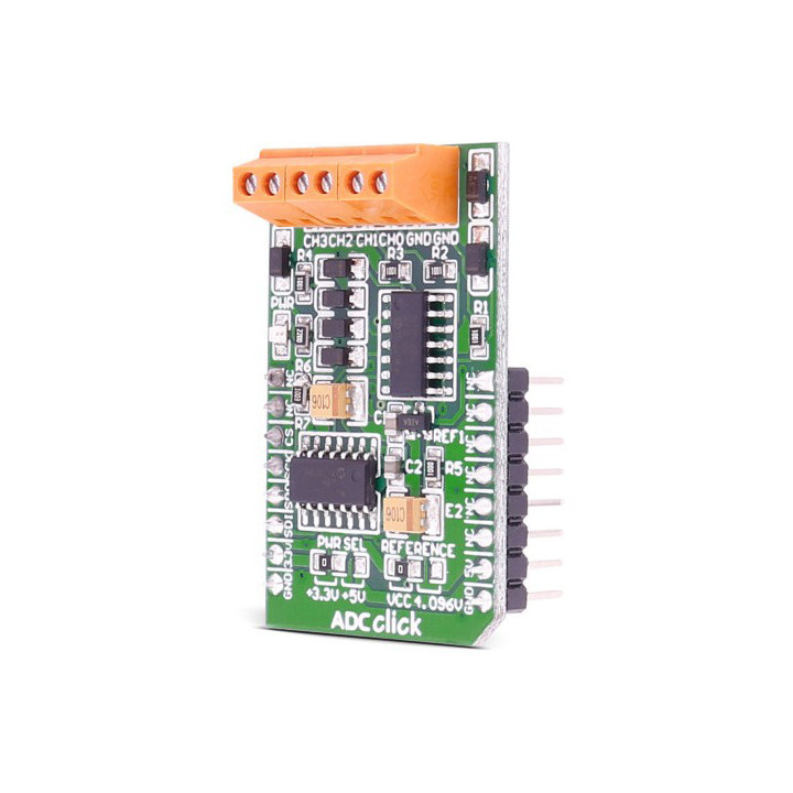 Vue de côté du convertisseur 4 entrées ADC Click Board - MIKROE-922