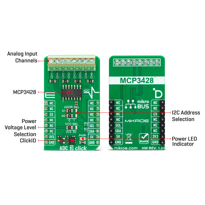 Détail du convertisseur ADC 3 click - MCP3428 - MIKROE-1894