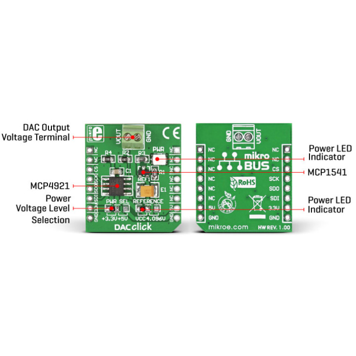 Caractéristiques du convertisseur DAC Click - base MCP4921 - MIKROE-950