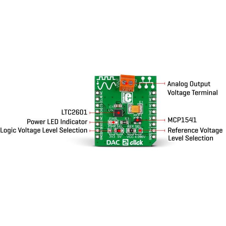 Caractéristiques du convertisseur DAC2 Click base LTC2601CDD - MIKROE-1918