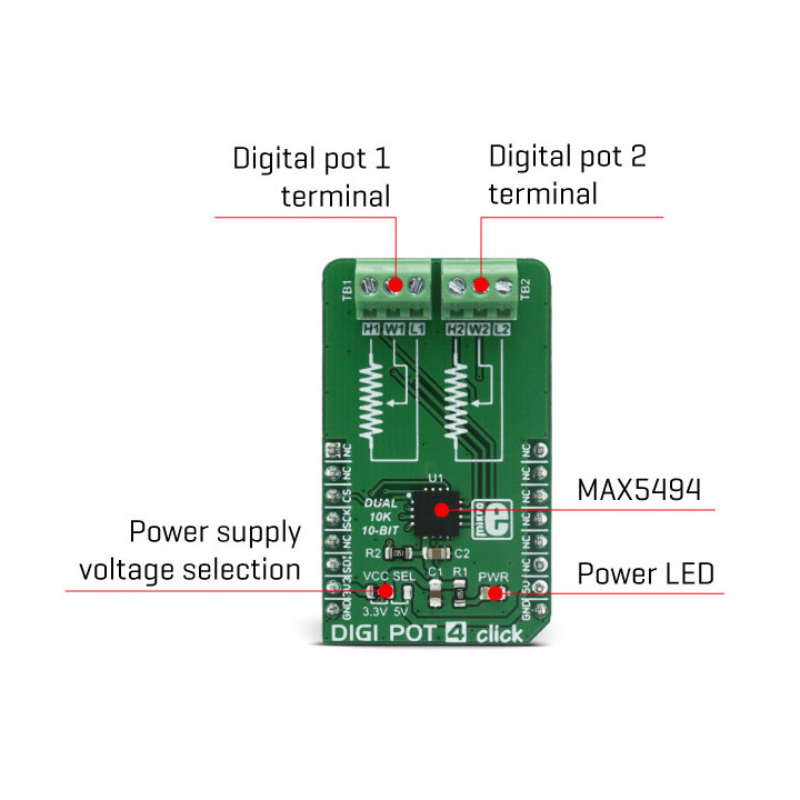 Caractéristiques du module DIGI POT 4 click - base MAX5494 - MIKROE-2873