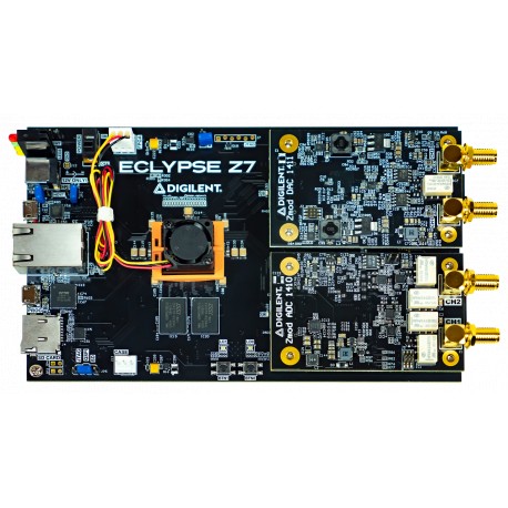 Vue de dessus de la carte SoC Zynq-7000 Eclypse Z7 équipée de modules Zmod Vue de dessus de la carte SoC Zynq-7000 Eclypse Z7 équipée de modules Zmod
