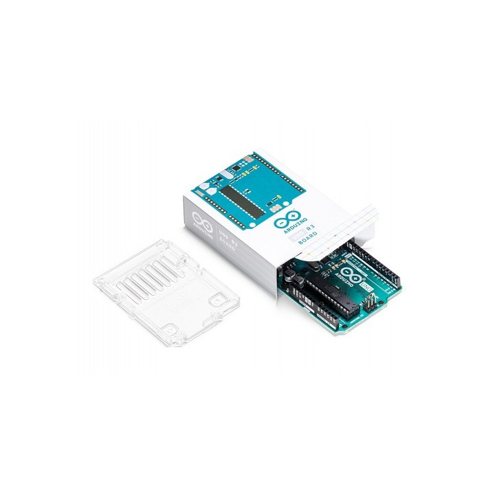 Arduino Uno (Rev 3) avec son socle de protection livré dans une boite en carton