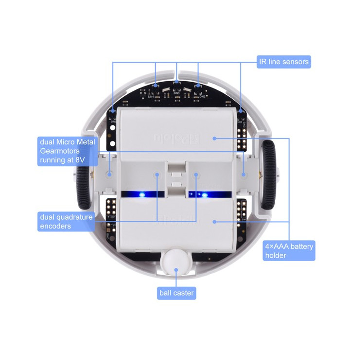 Détails du dessous du robot 3pi+ 32U4 Pololu 3737