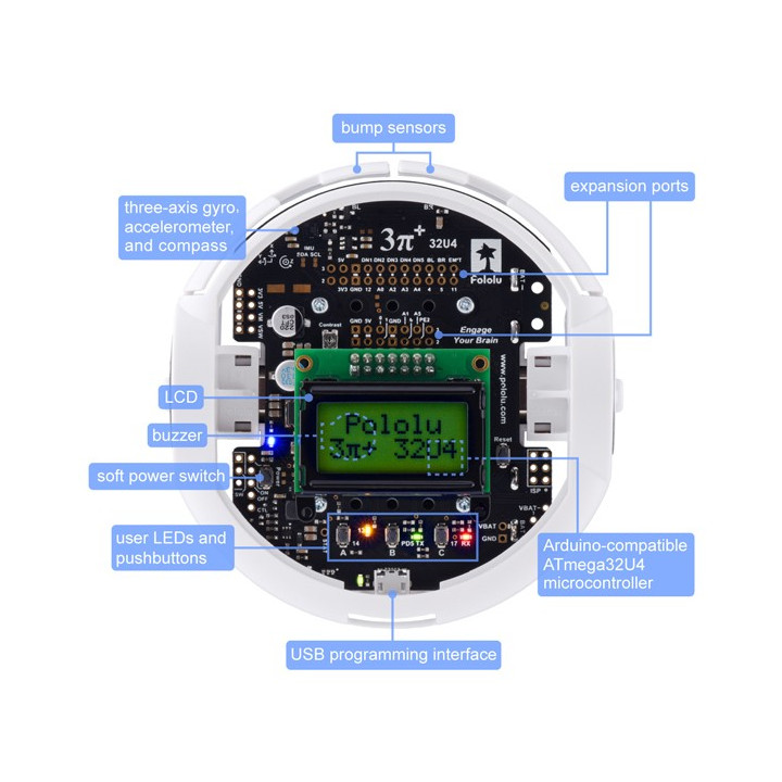 Détails du dessus du robot 3pi+ 32U4 Pololu 3737