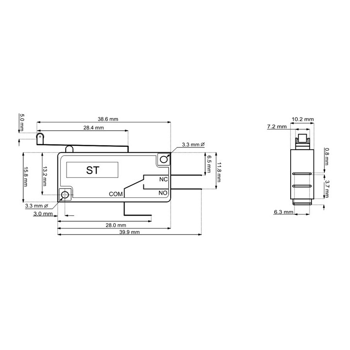 Dimensions Micro-switch microrupteur à levier avec roulette 10A