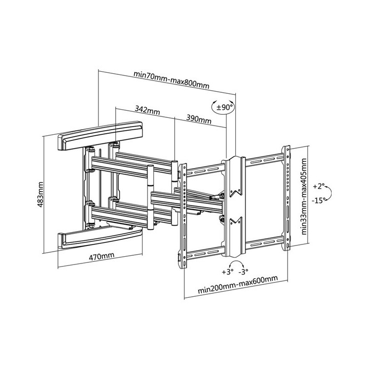 Dimensions du support mural orientable à longue course de débattement pour TV (37"-70")