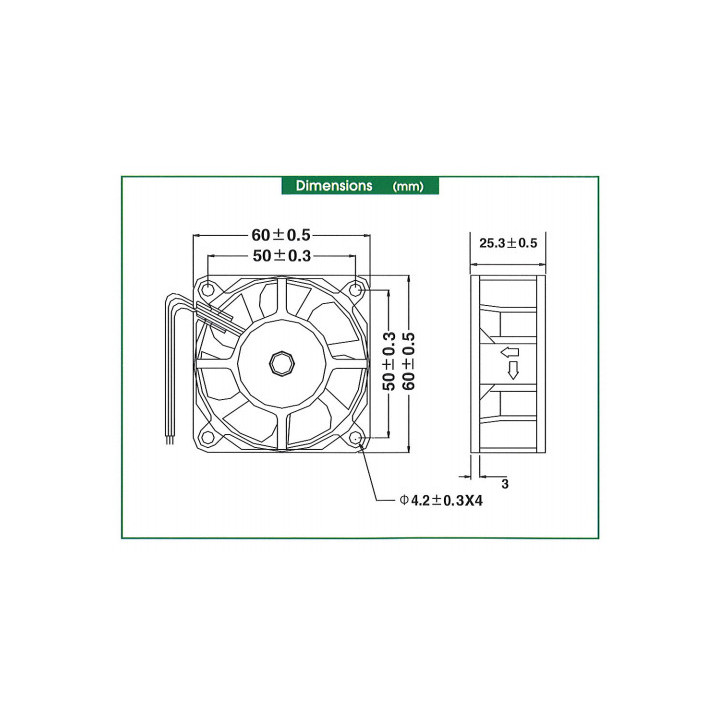 Dimensions Ventilateur BI-SONIC 60x60x25mm (24 VCC) SP602524H-3