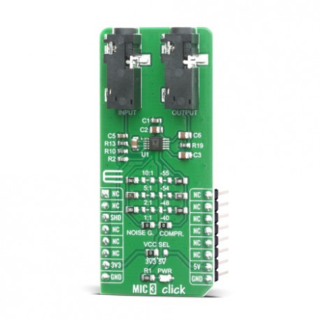 Vue de côté du préamplificateur de microphone MIC 3 Click MIKROE-4136 Vue de côté du préamplificateur de microphone MIC 3 Click MIKROE-4136