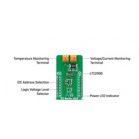 Vue détaillée du module Moniteur Tension Courant Température VCT Monitor Click
