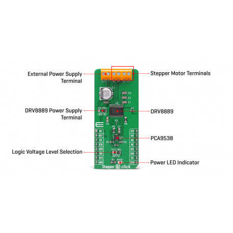 Vue détaillée du contrôleur de moteur pas-à-pas Stepper 15 click MIKROE-4639 Vue détaillée du contrôleur de moteur pas-à-pas Stepper 15 click MIKROE-4639