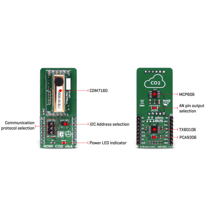 Vue détaillée du capteur de gaz NDIR CO2 Click MIKROE-3134