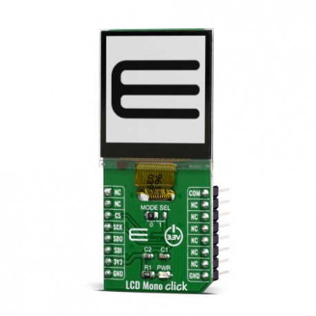 Vue de côté de l'afficheur faible consommation LCD Mono Click MIKROE-3789 Vue de côté de l'afficheur faible consommation LCD Mono Click MIKROE-3789