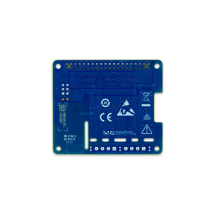 Vue de dessous de platine DIgilent® mesure thermocouple DAQ HAT MCC134 pour Raspberry PI