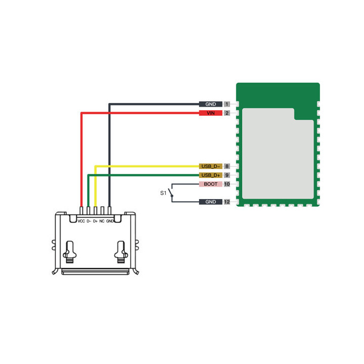 Raccordement d'un connecteur USB sur le module Wio RP2040 Seeed Studio 102991556